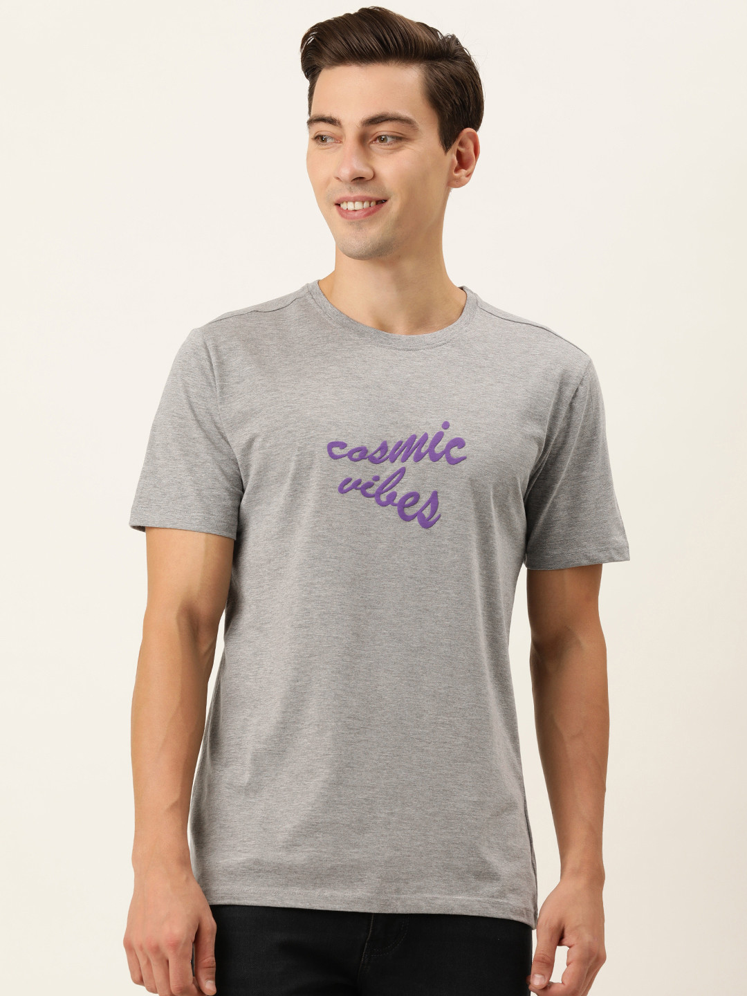 

FOREVER 21 Men Grey Melange & Purple Printed T-shirt