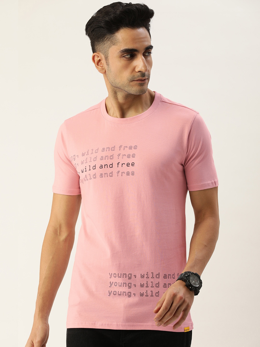 

FOREVER 21 Men Pink & Black Typography Printed Pure Cotton T-shirt