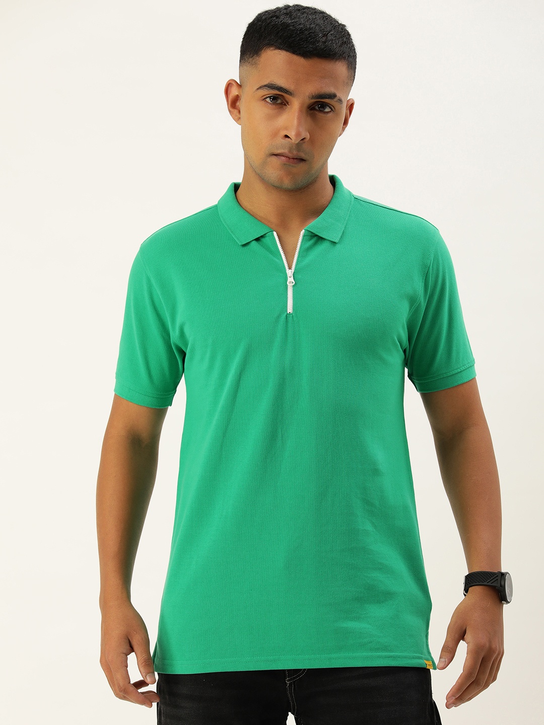 

FOREVER 21 Solid Polo Collar Pure Cotton Casual T-shirt, Sea green