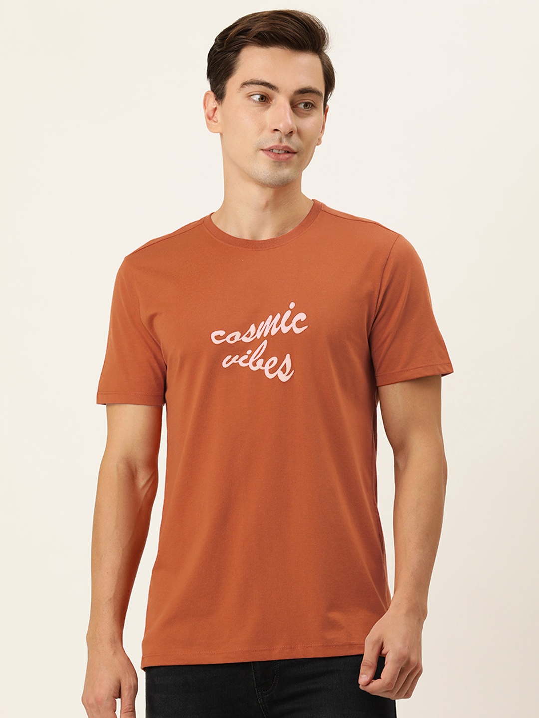 

FOREVER 21 Men Brown & White Typography Printed {ure Cotton T-shirt
