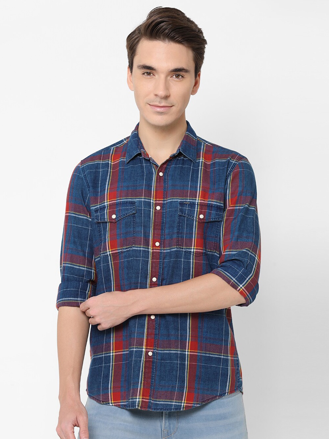 

Pepe Jeans Men Navy Blue & Red Checked Pure Cotton Casual Shirt