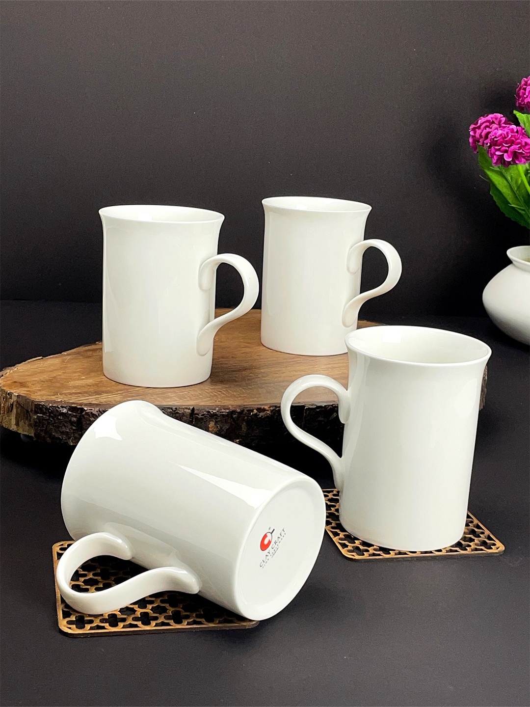 

CLAY CRAFT Set of 4 White Solid Ceramic Glossy Mugs