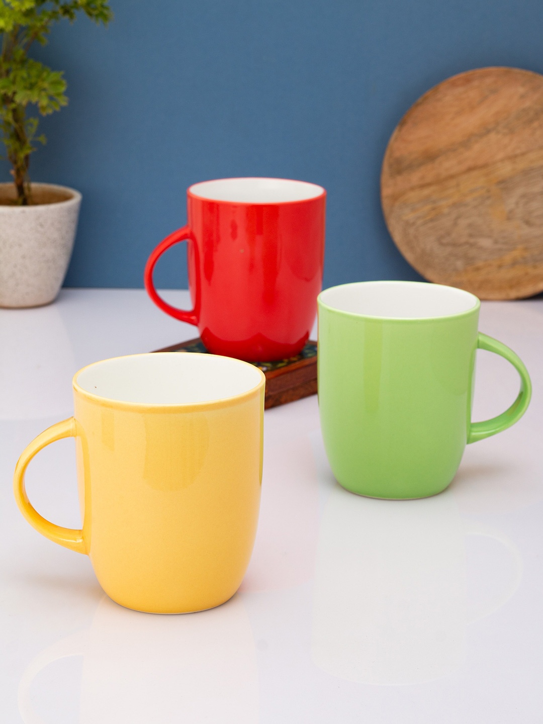 

CLAY CRAFT Set of 3 Yellow & Green Solid Ceramic Glossy Cups and Mugs