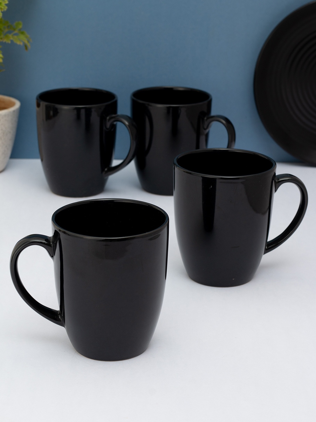 

CLAY CRAFT Set of 4 Black Solid Ceramic Glossy Cups and Mugs