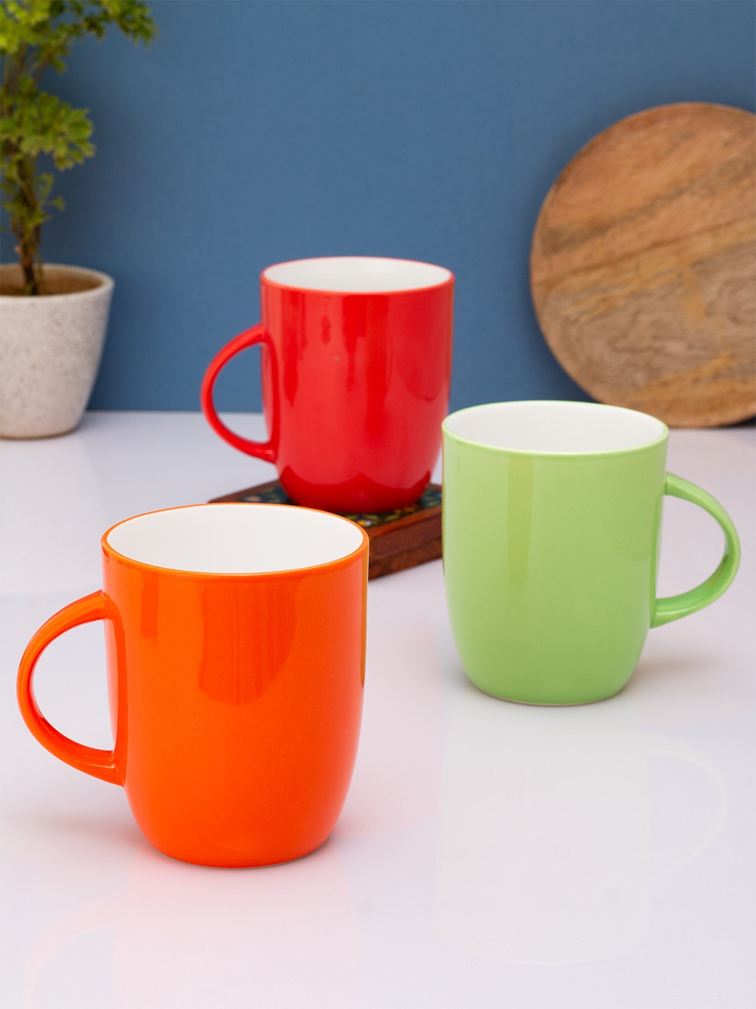 

CLAY CRAFT Set of 3 Red & Green Solid Ceramic Glossy Cups and Mugs