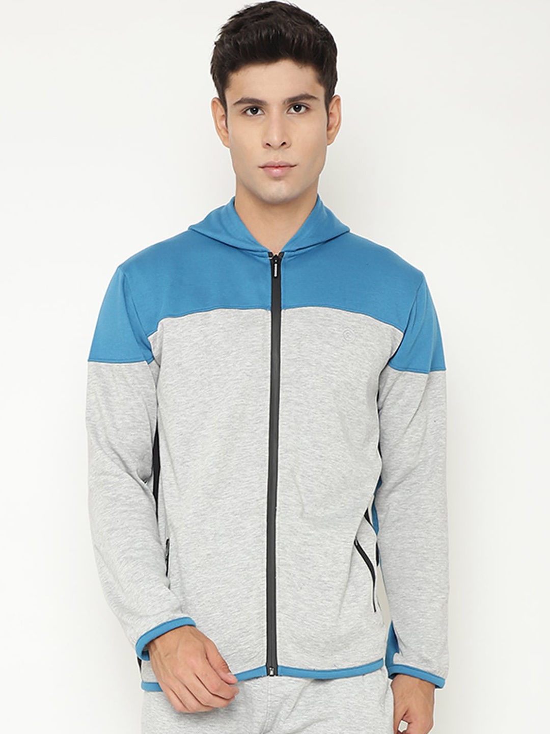 

CHKOKKO Men Grey & Blue Colourblocked Lightweight Outdoor Sporty Jacket