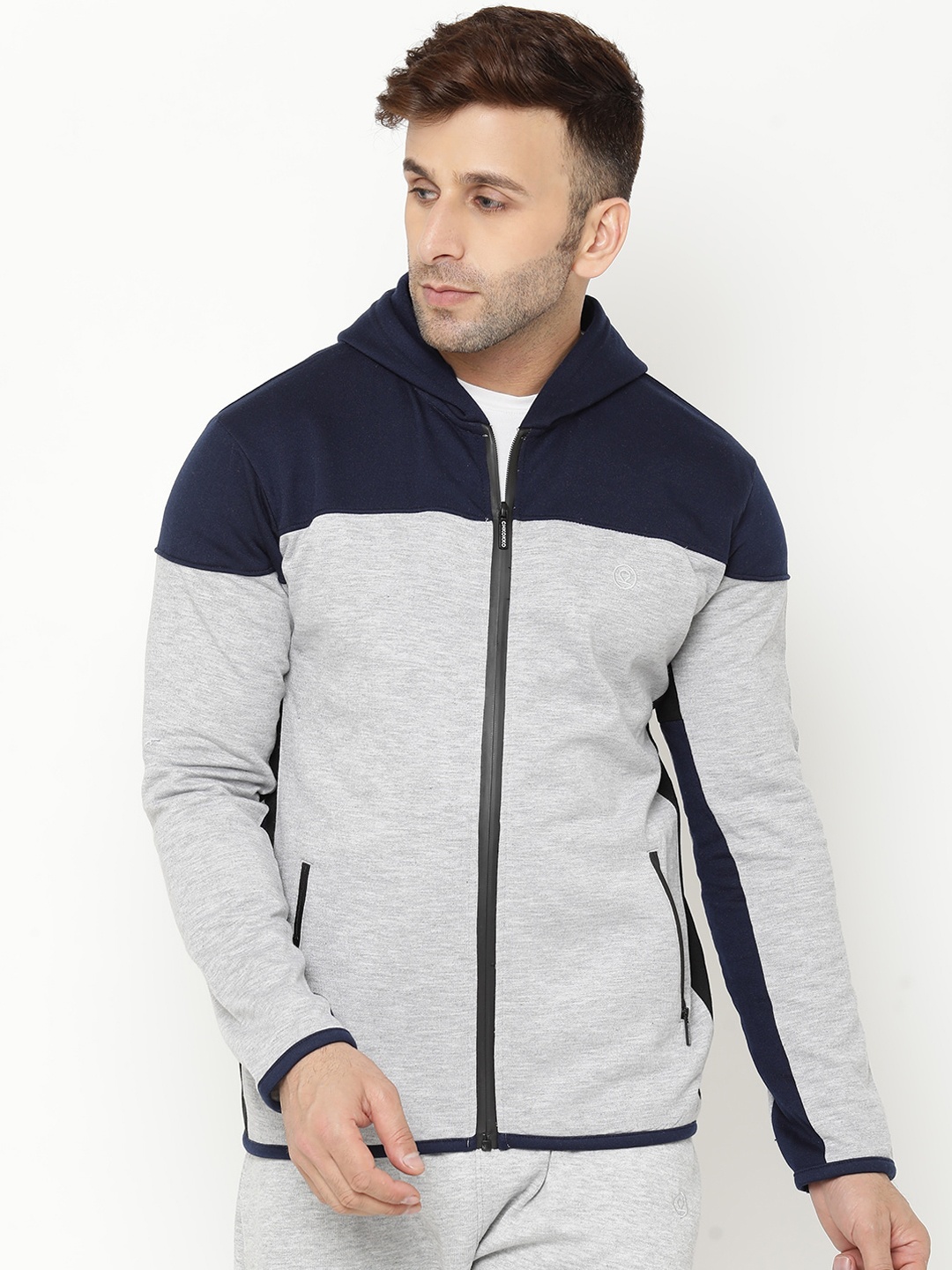 CHKOKKO Men Grey Black Colourblocked Lightweight Outdoor Sporty Jacket