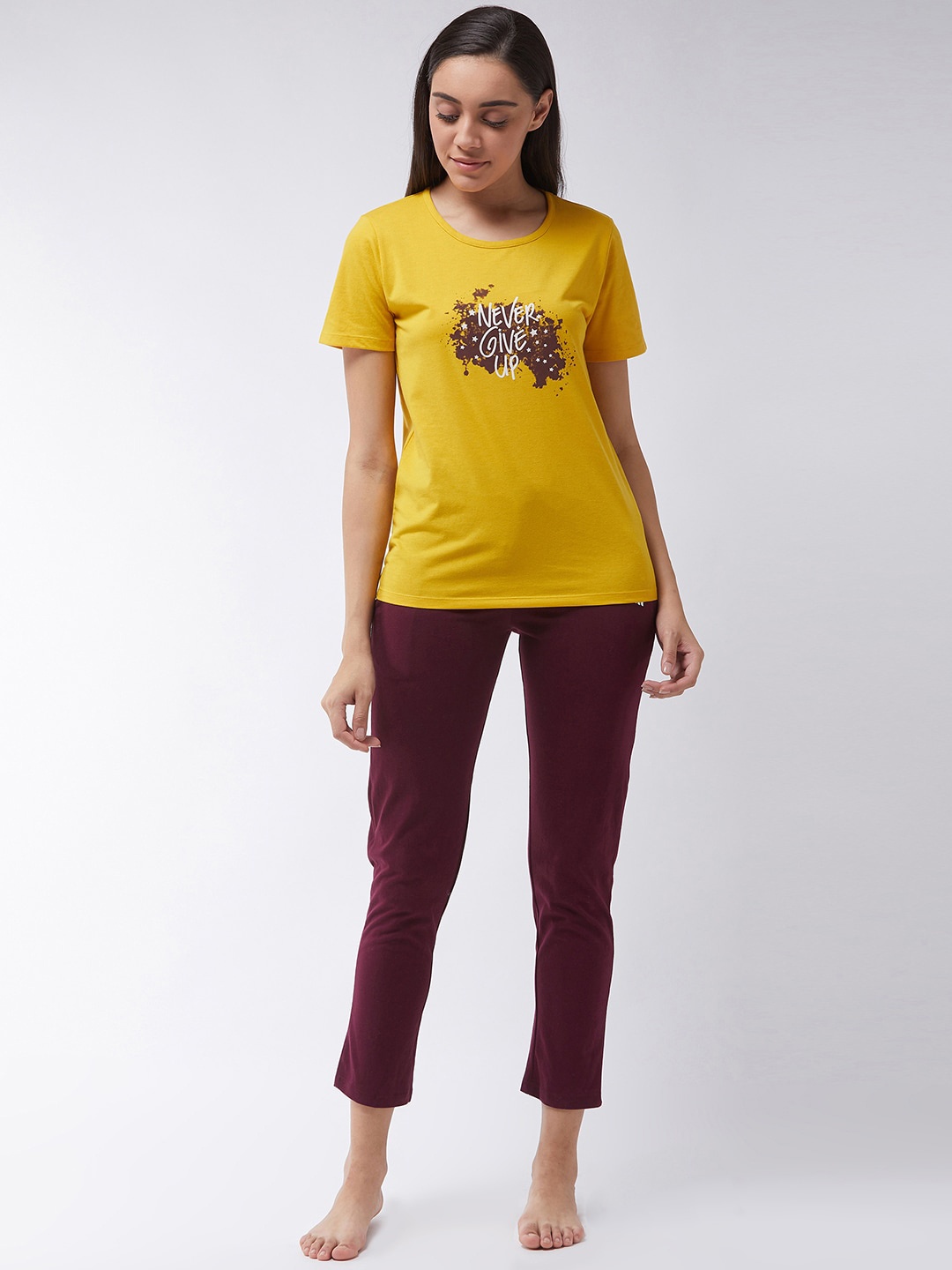 

Modeve Women Yellow & Burgundy Printed T-Shirt with Pyjama Set