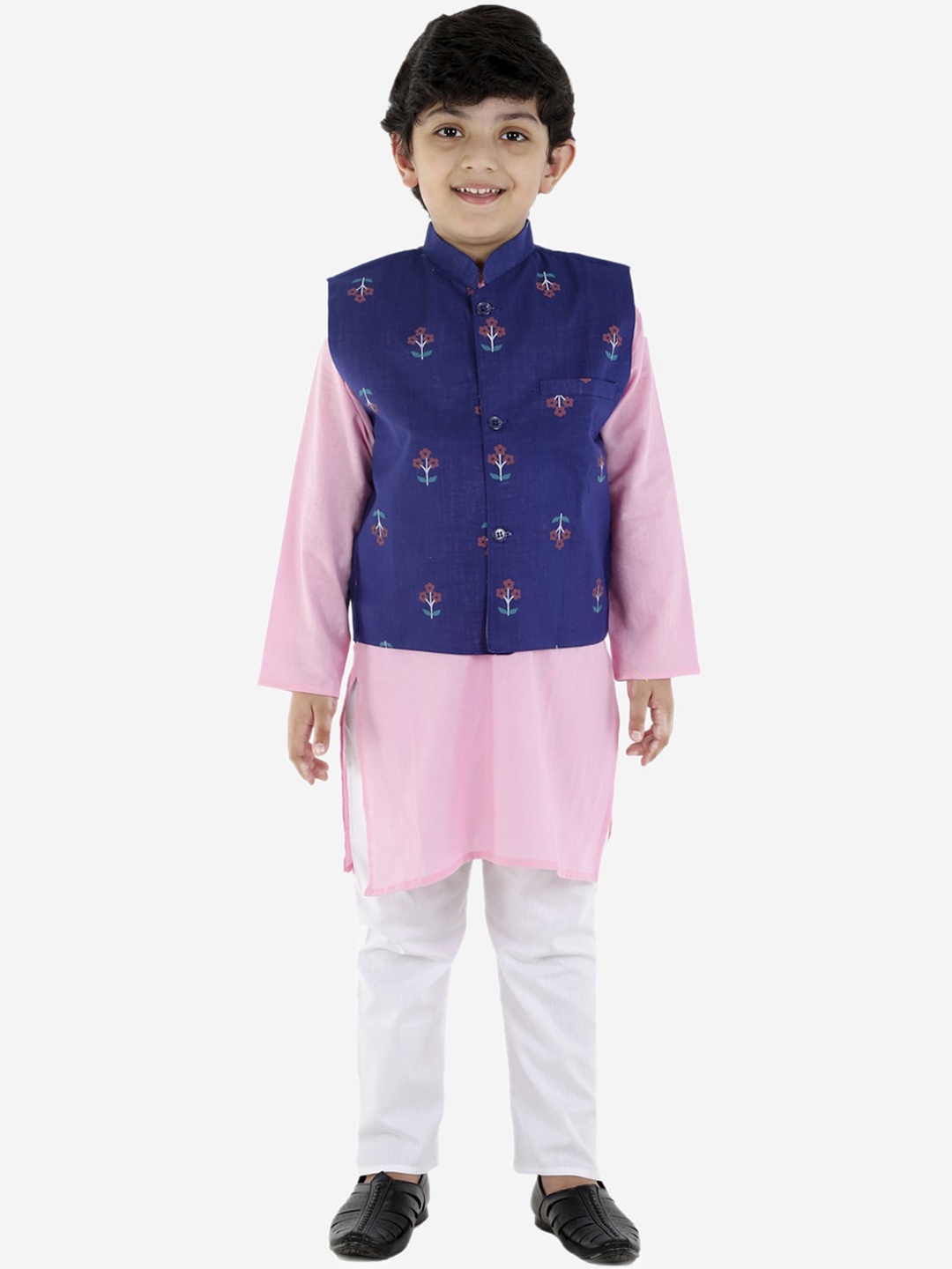 

ahhaaaa Boys Pink & White Layered Pure Cotton Kurta with Pyjamas & Nehru Jacket