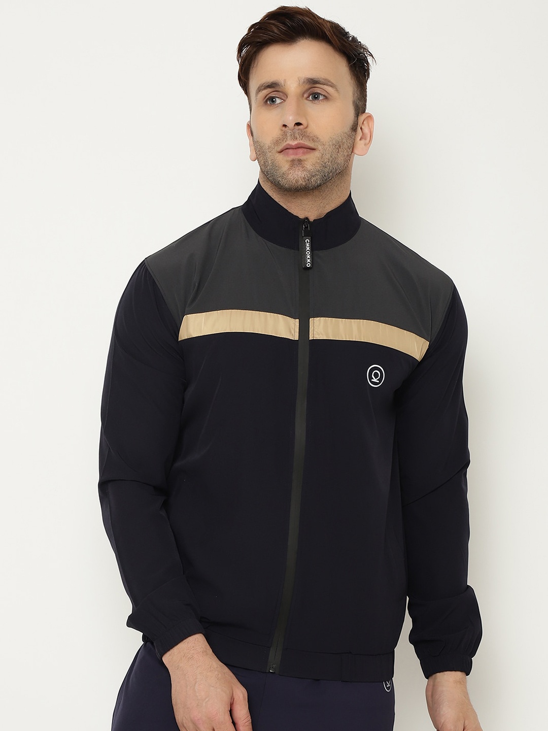 

CHKOKKO Men Navy Blue Grey Colourblocked Windcheater Gym Sporty Jacket