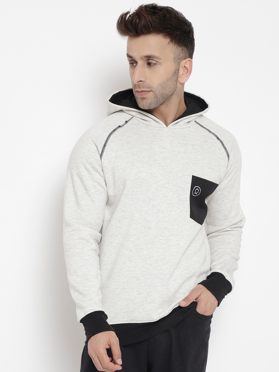 

CHKOKKO Men Off White Hooded Fleece Sweatshirt