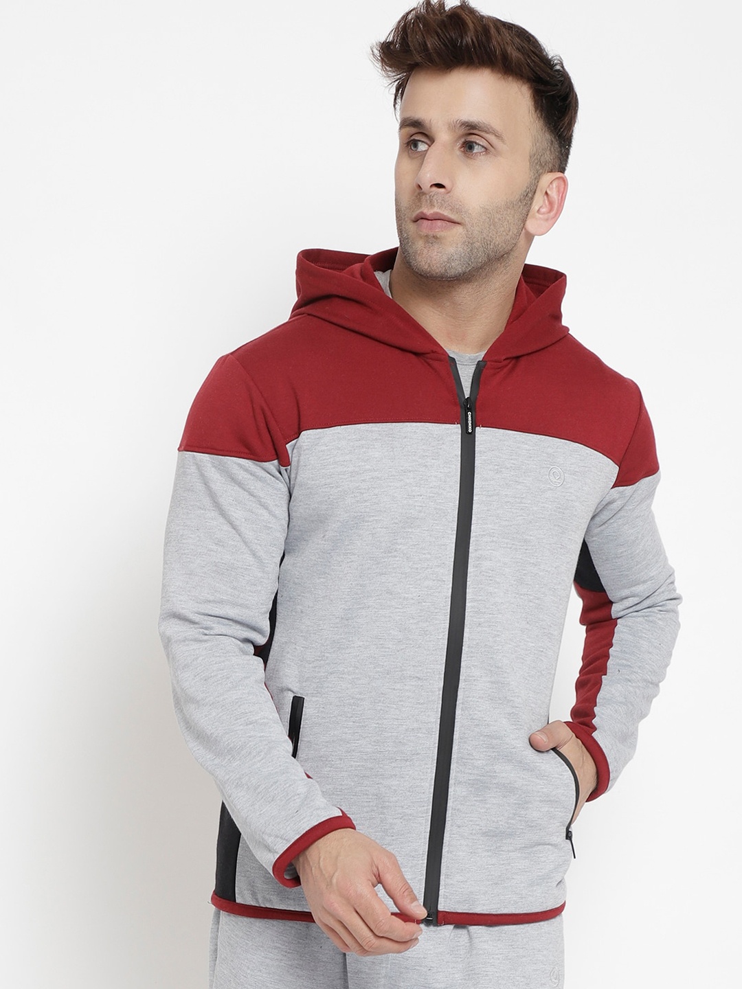 

CHKOKKO Men Grey Maroon Colourblocked Fleece Lightweight Outdoor Sporty Jacket