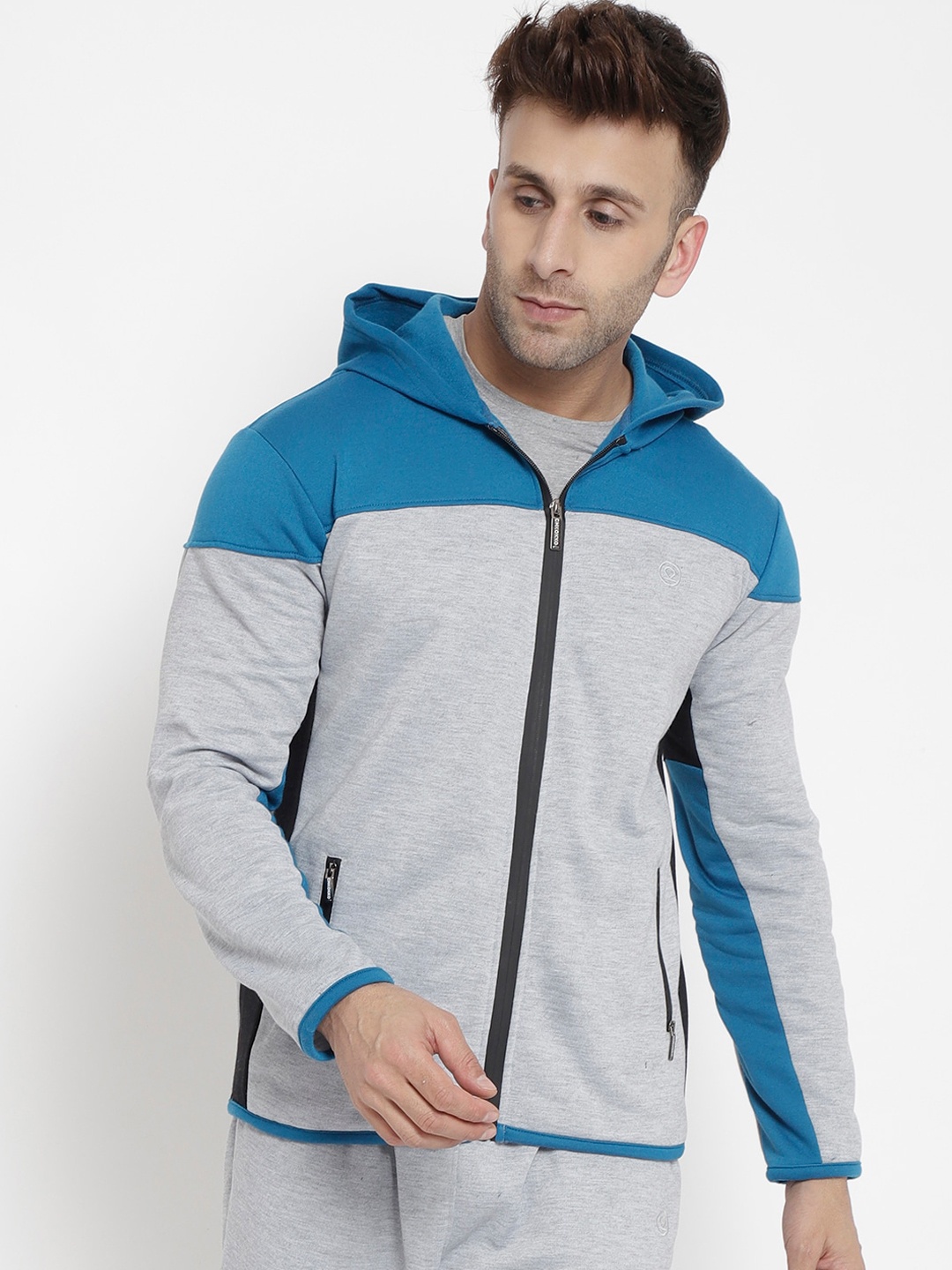 

CHKOKKO Men Grey Colourblocked Fleece Lightweight Outdoor Hooded Sporty Jacket