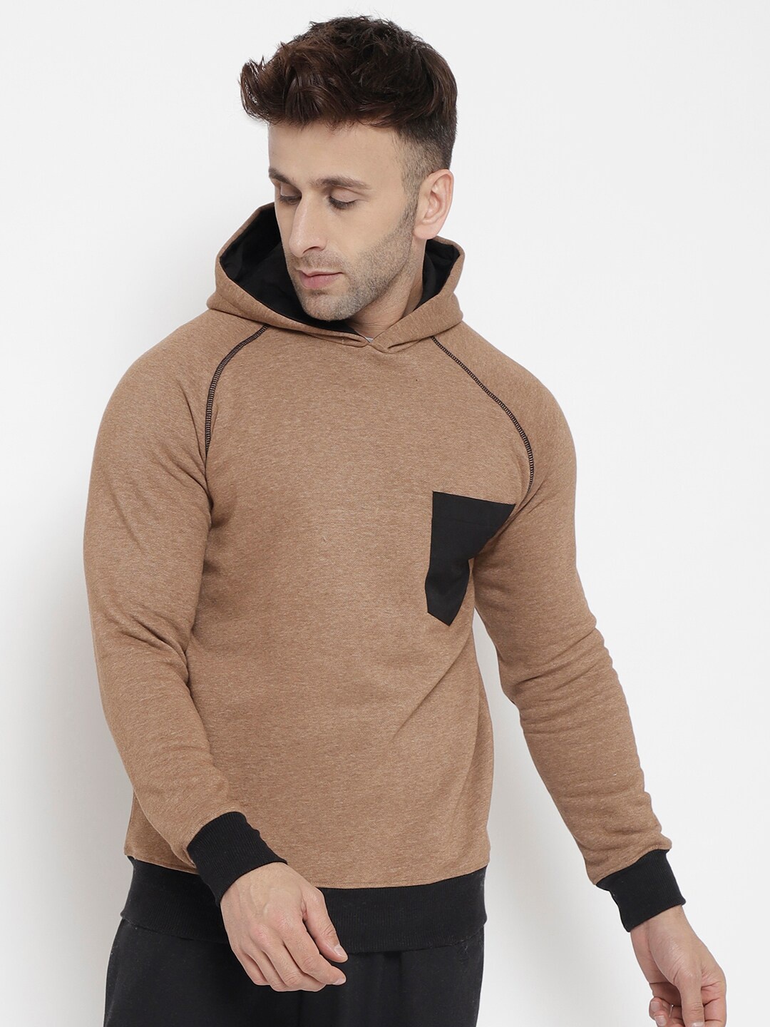 

CHKOKKO Men Brown Solid Hooded Sweatshirt