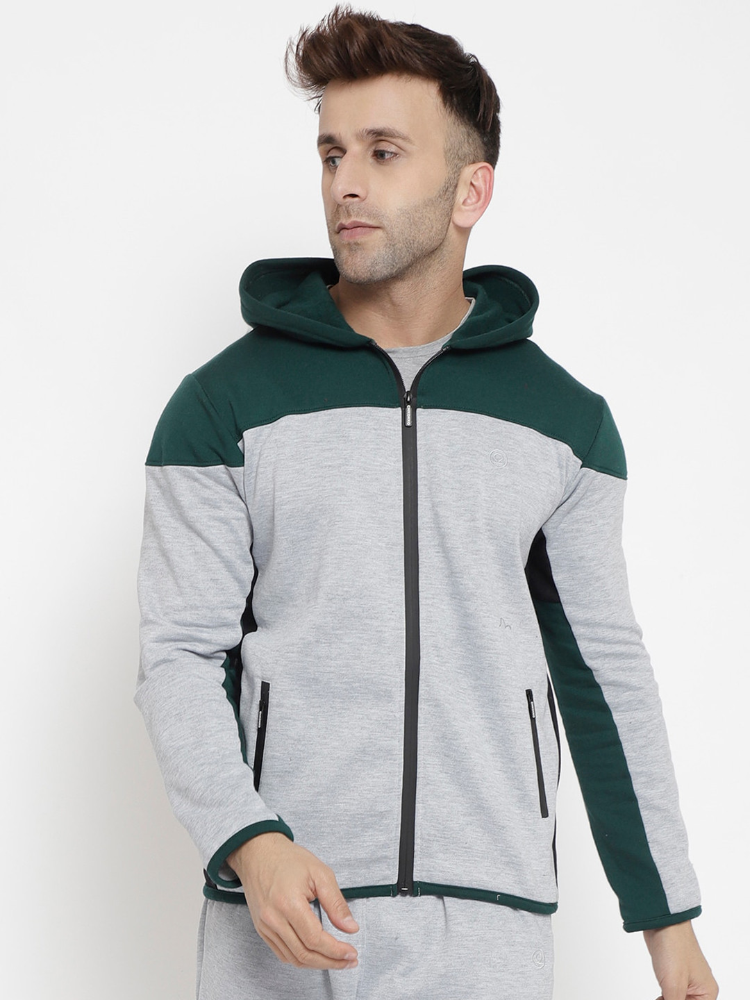 

CHKOKKO Men Grey Colourblocked Fleece Lightweight Outdoor Sporty Jacket