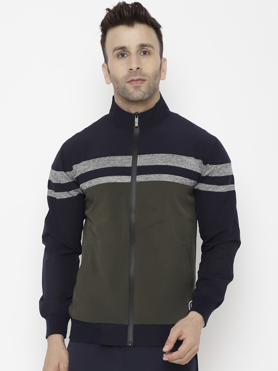 

CHKOKKO Men Navy Blue Striped Windcheater Outdoor Bomber Jacket