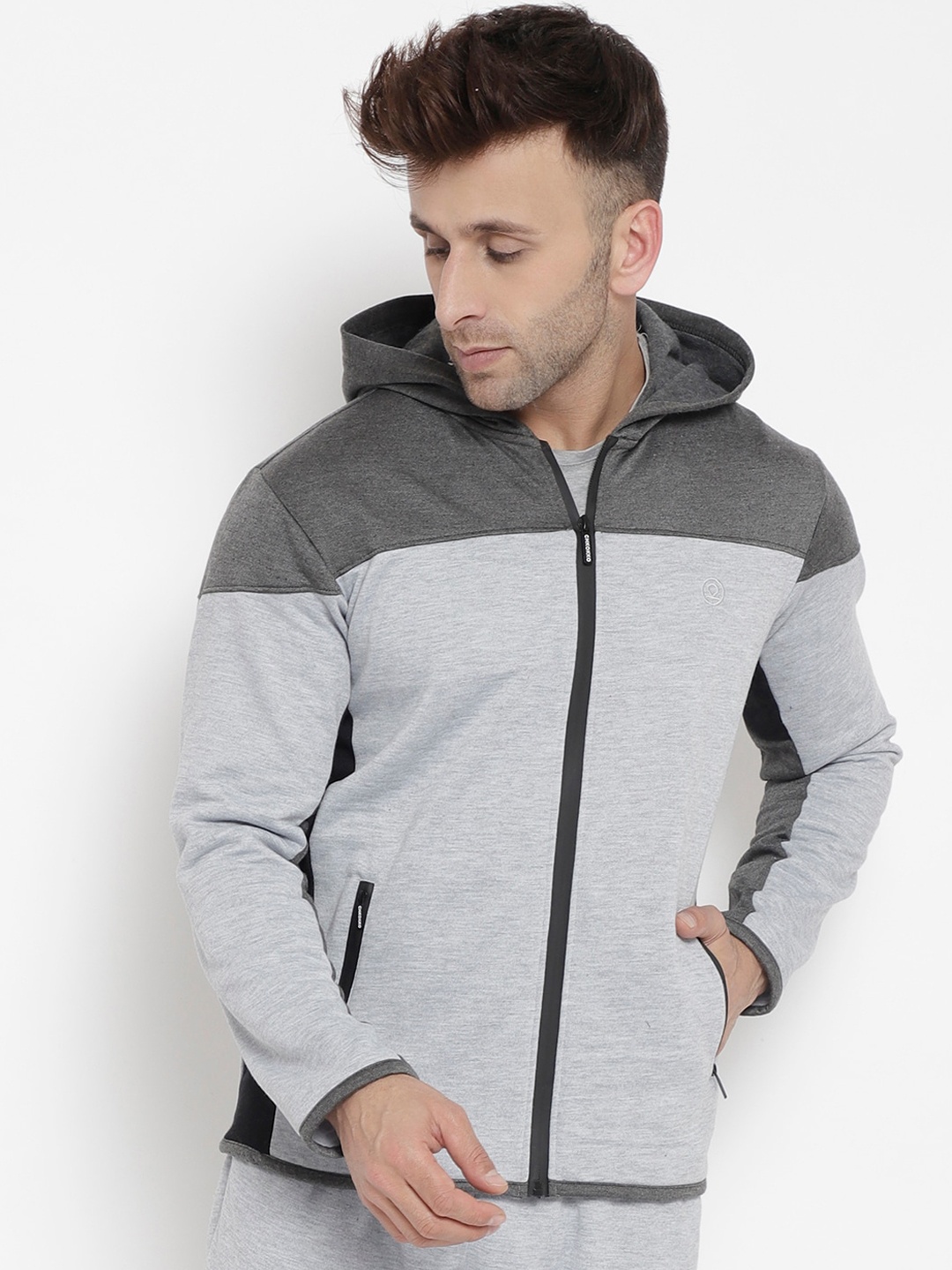 

CHKOKKO Men Grey Charcoal Colourblocked Fleece Lightweight Outdoor Sporty Jacket
