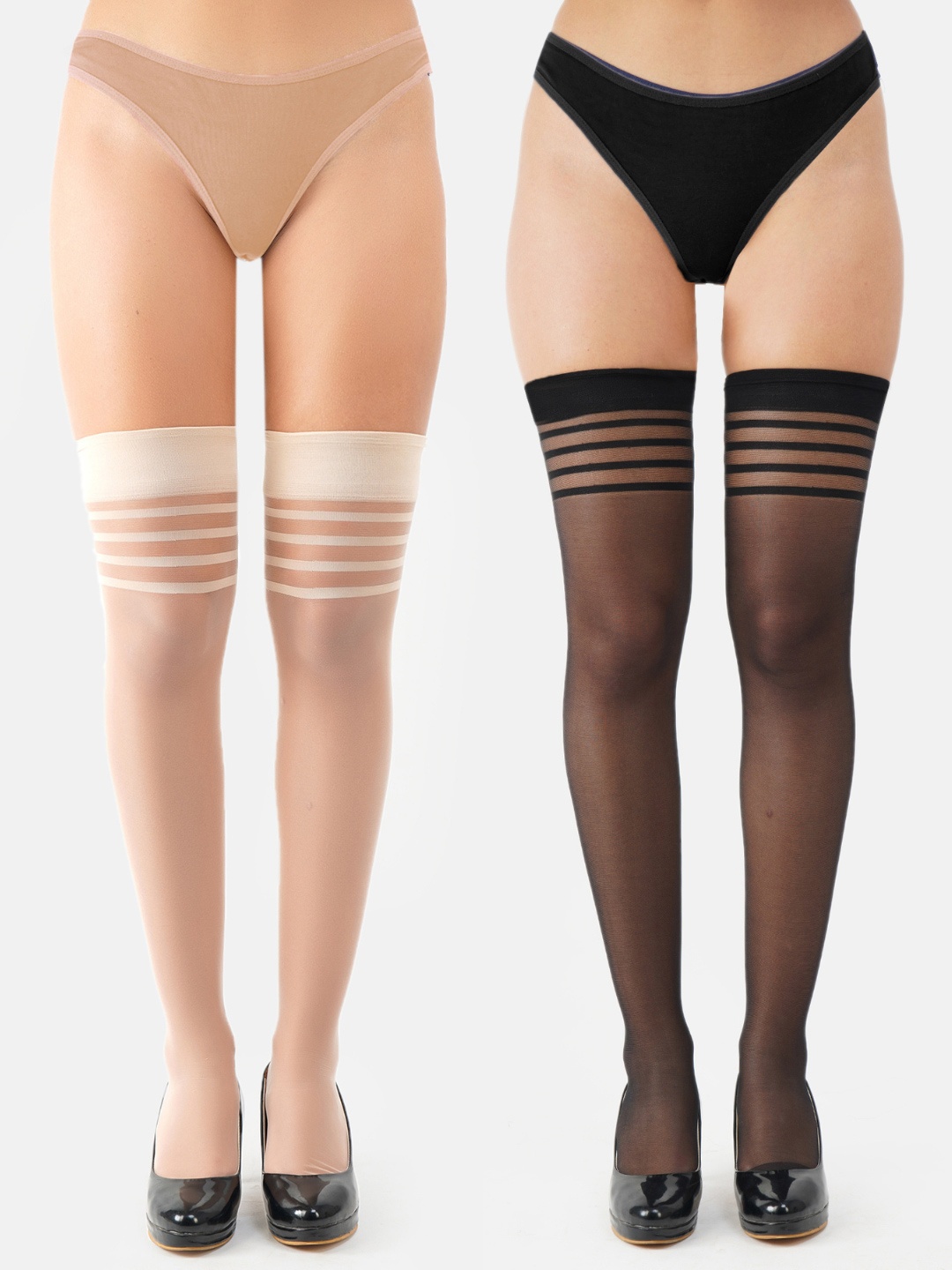 

N2S NEXT2SKIN Women Nude & Black Pack of 2 Sheer Thigh-High Transparent Stockings