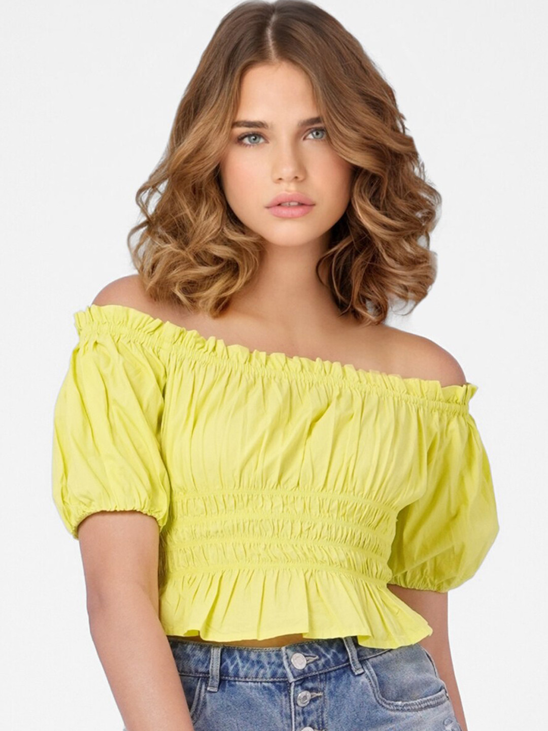 

ONLY Lime Green Off-Shoulder Pure Cotton Bardot Crop Top