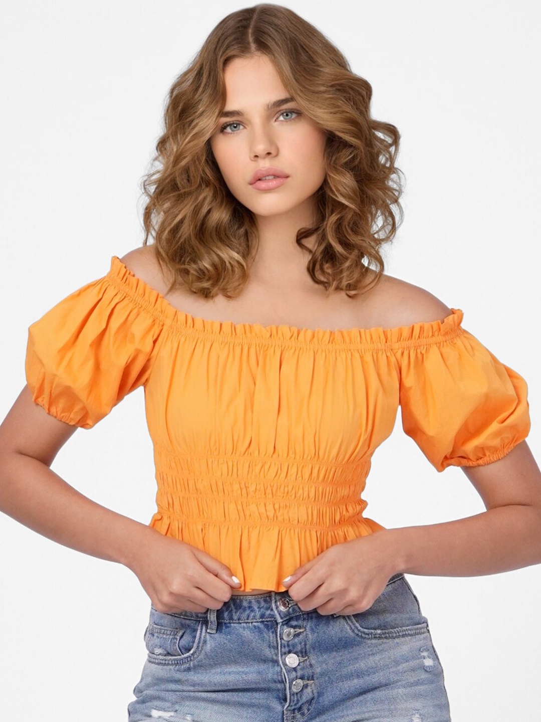 

ONLY Orange Off-Shoulder Ruffles Smocked Bardot Crop Top