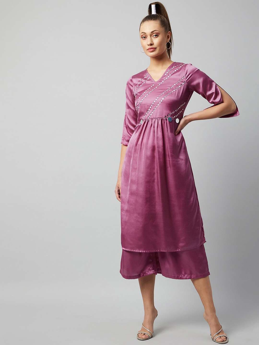 

Athena Women Purple Striped Pleated Mirror Work Kurti with Trousers