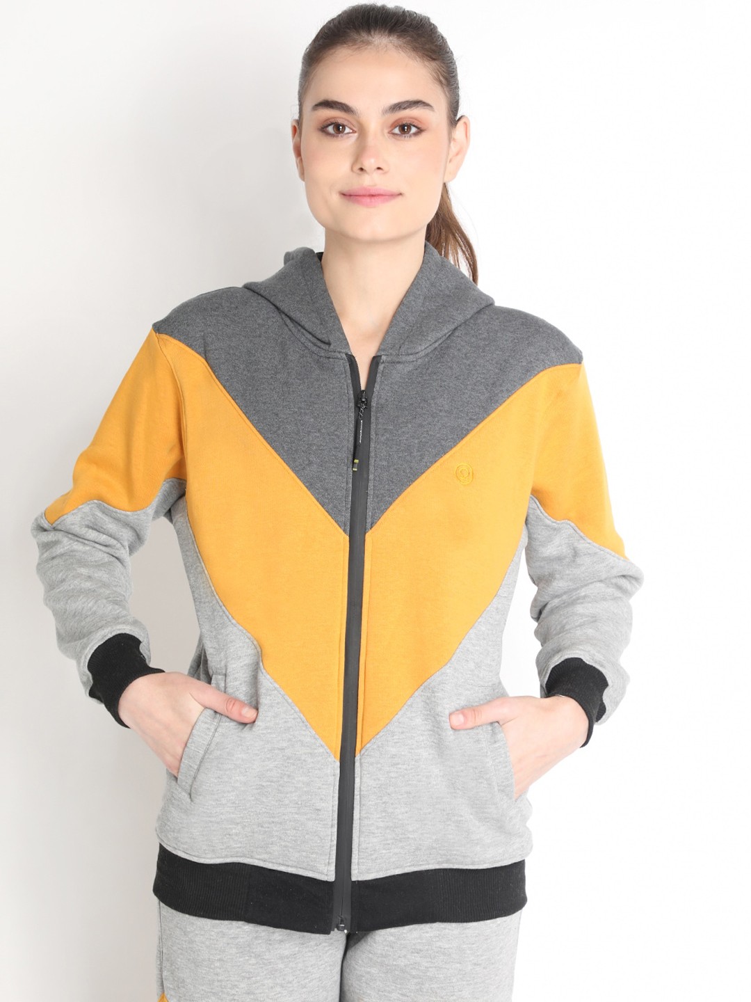 CHKOKKO Women Grey Yellow Colourblocked Fleece Lightweight Outdoor Sporty Jacket