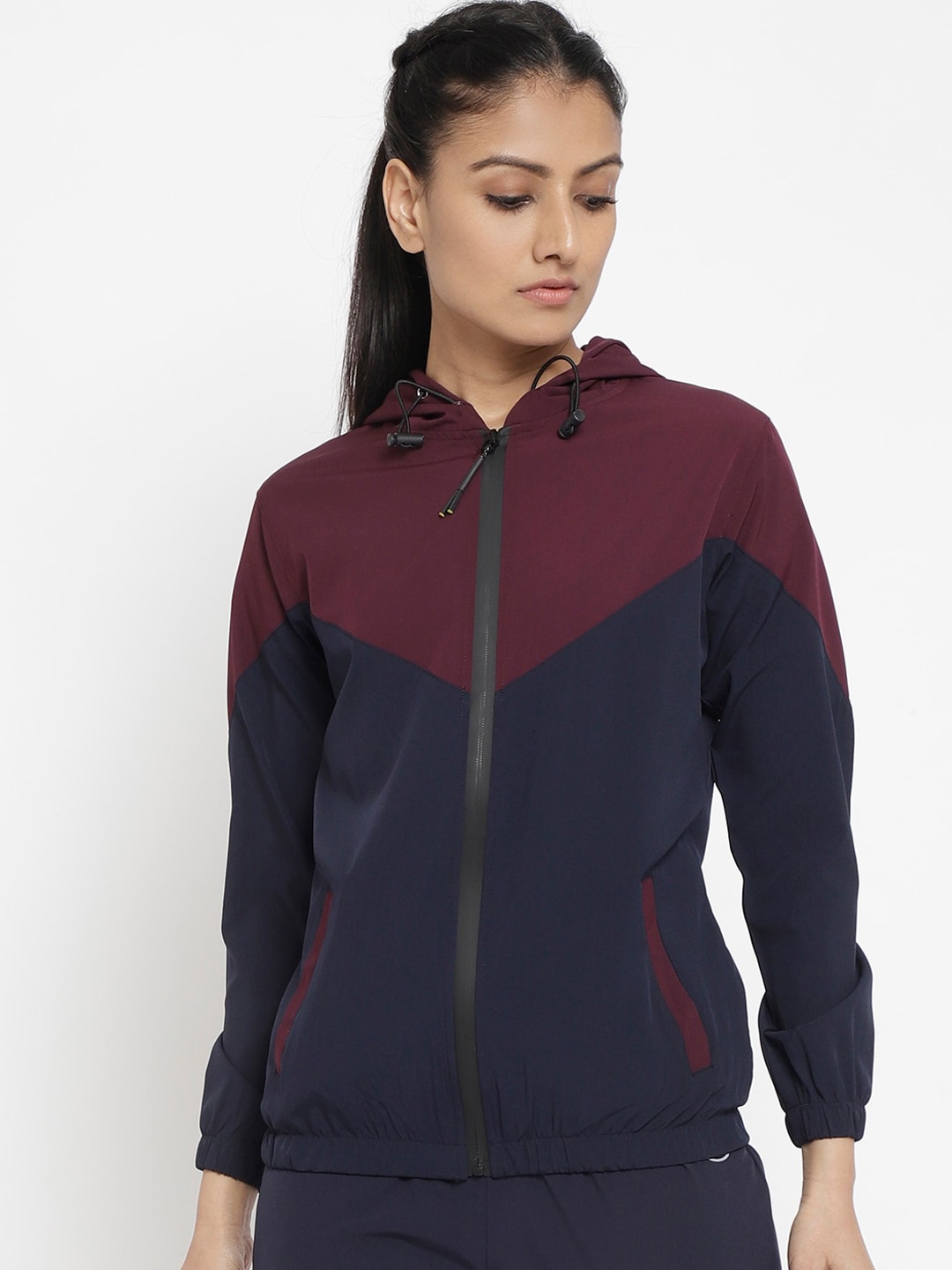 CHKOKKO Women Navy Blue & Maroon Colourblocked Sporty Jacket