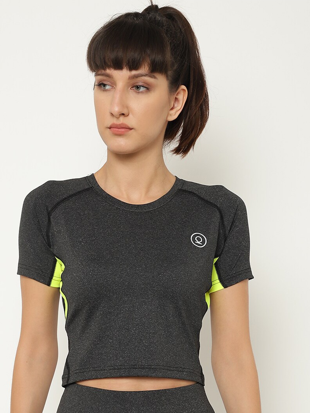 

CHKOKKO Grey & Fluorescent Green Workout Sports Crop Top
