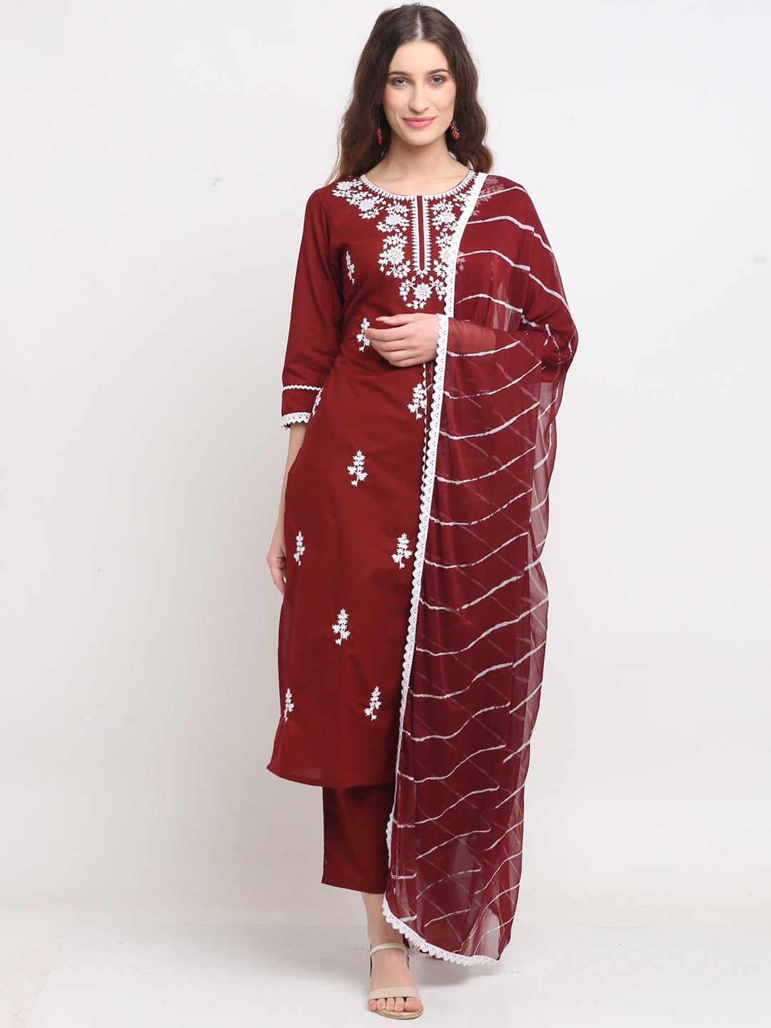 

Rajnandini Women Maroon Thread Work Pure Cotton Kurta with Palazzos & Dupatta