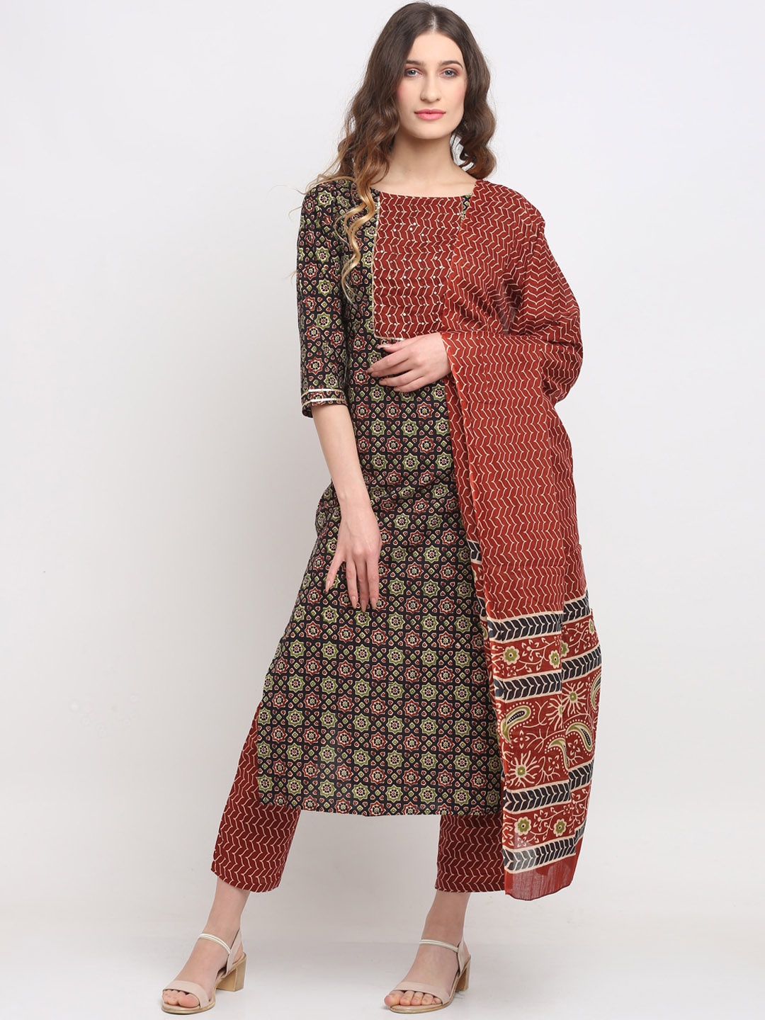 

Rajnandini Women Rust & Green Printed Pure Cotton Kurta with Palazzos & Dupatta