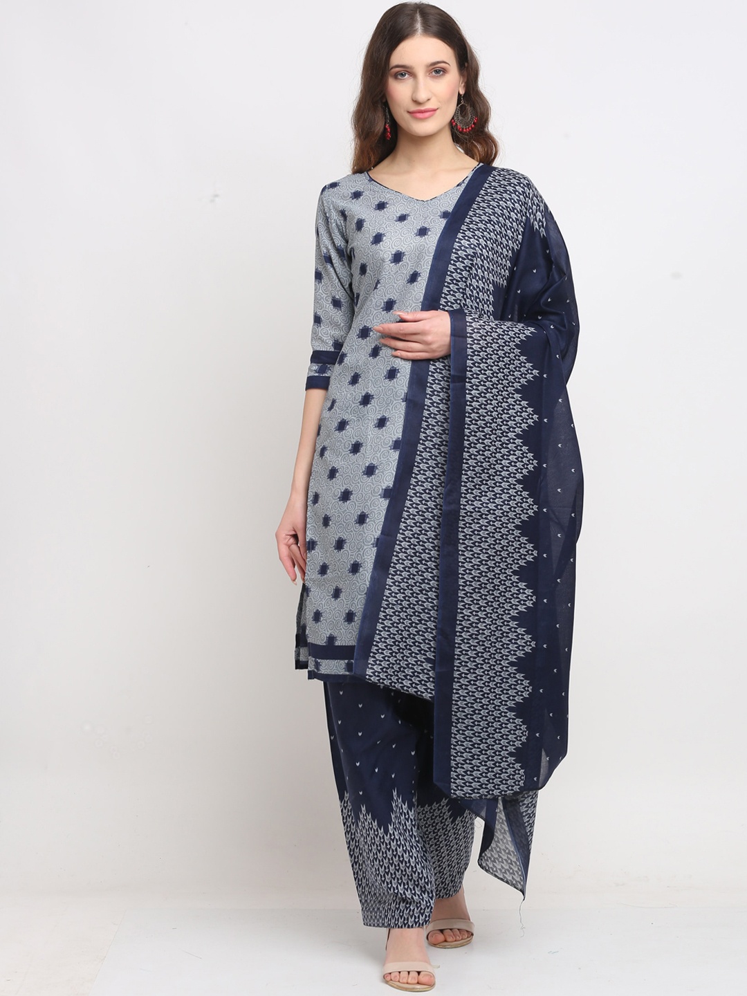 

Rajnandini Women Grey & Navy Blue Ethnic Motifs Kurta with Salwar & With Dupatta