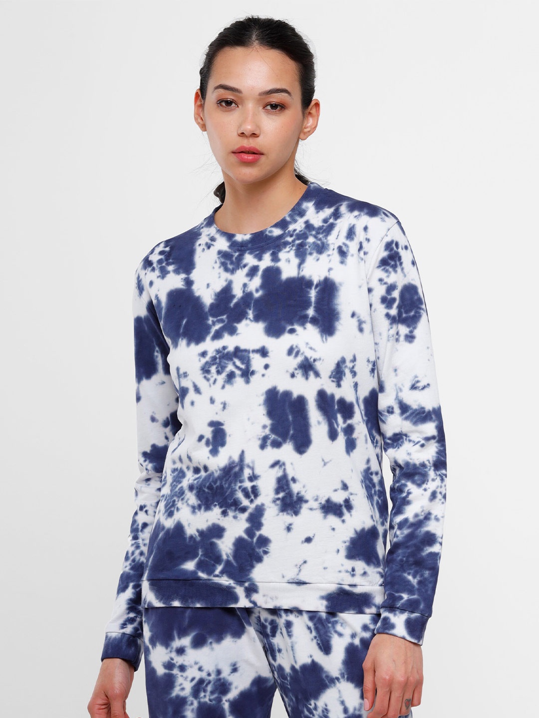 

De Moza Women Blue & White Tie & Dye Pure Cotton Sweatshirt