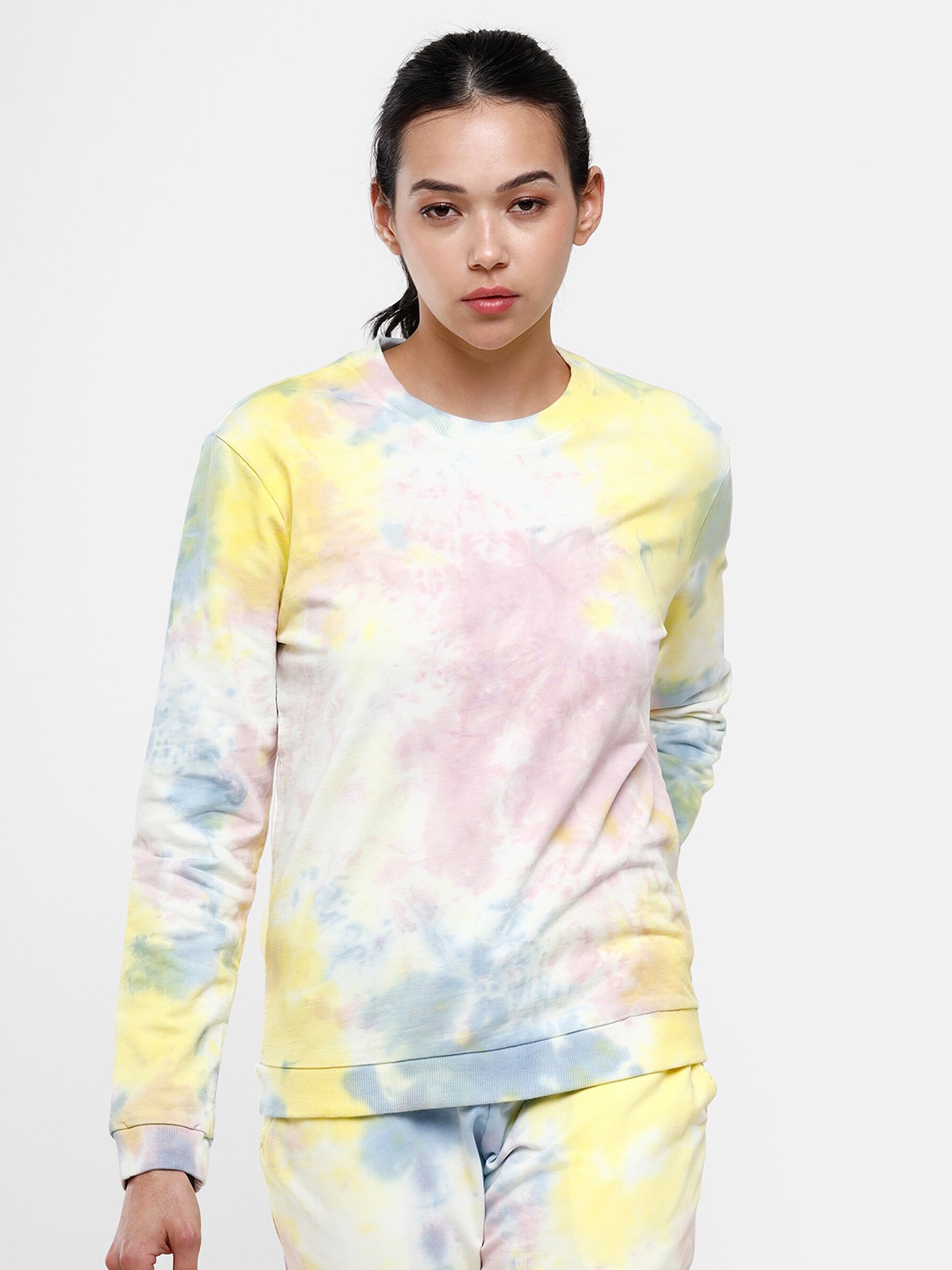 

De Moza Women Yellow & Pink Tie & Dye Pure Cotton Sweatshirt
