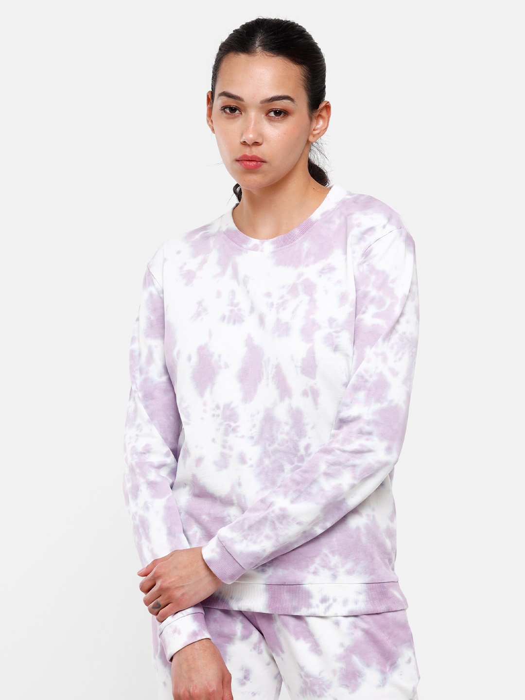 

De Moza Women Purple & White Tie & Dye Pure Cotton Sweatshirt