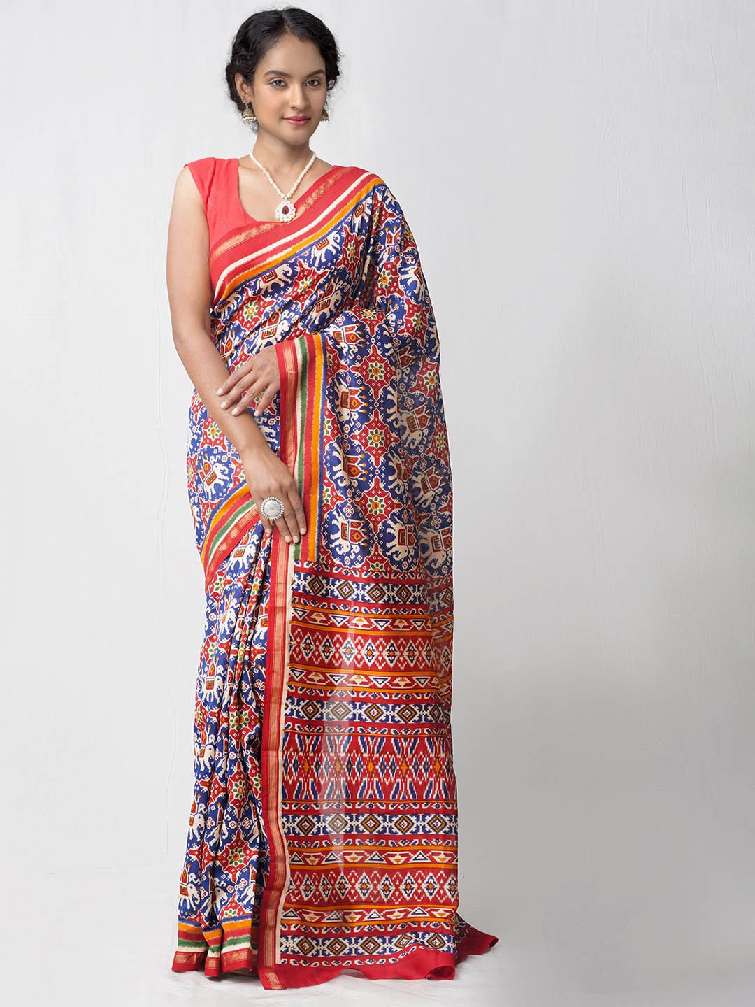 

Unnati Silks Blue & Red Ethnic Motifs Zari Silk Cotton Chanderi Saree