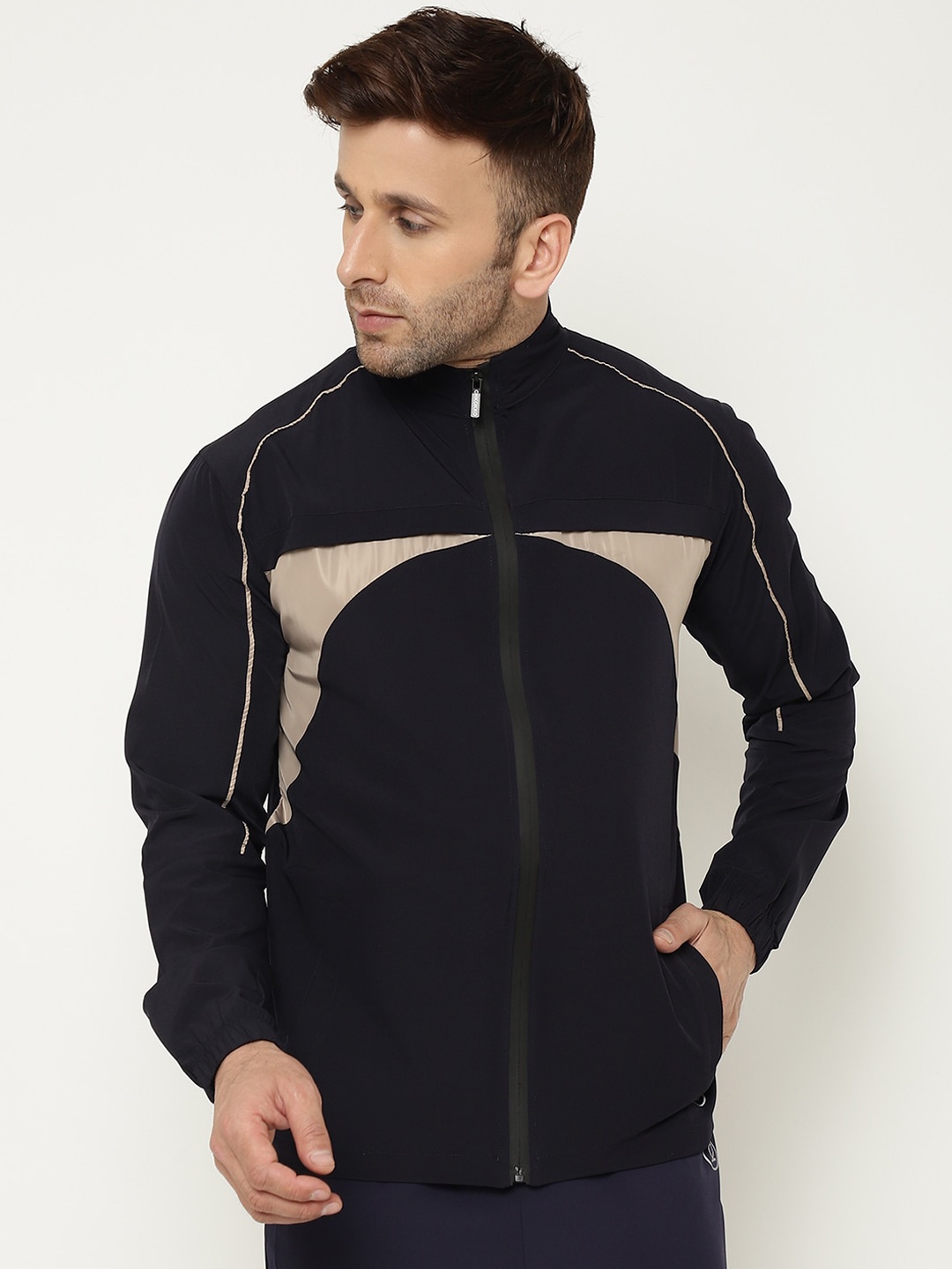 

CHKOKKO Men Navy Blue Colourblocked Windcheater Outdoor Sporty Jacket