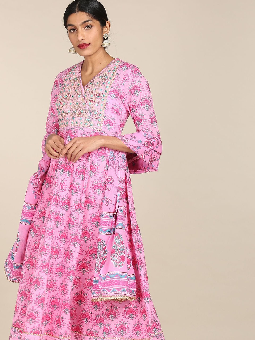 

Anahi Women Pink Floral Printed Angrakha Pure Cotton Kurta with Trousers & Dupatta