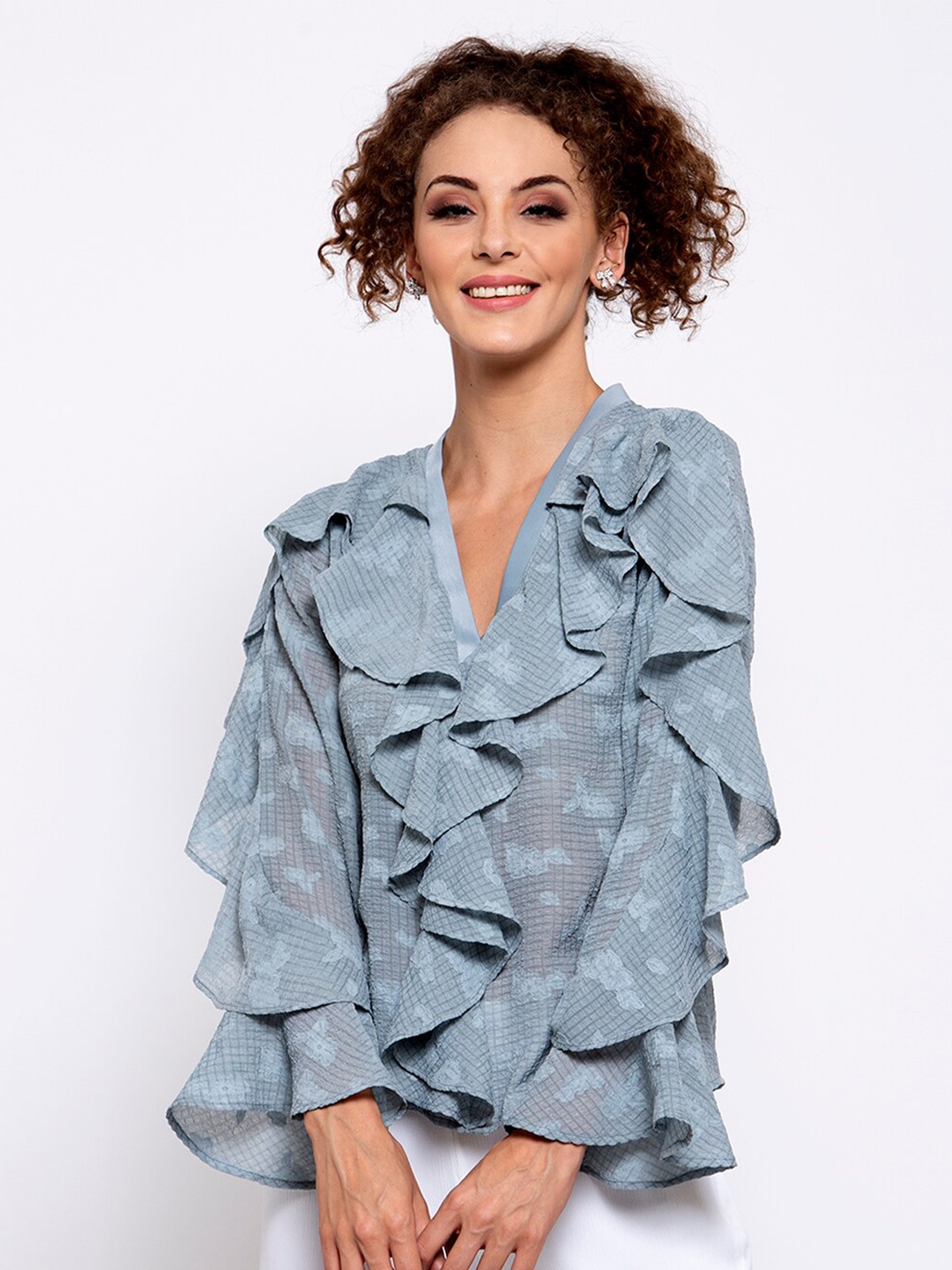 

LELA Blue Pure Silk Georgette Wrap Top