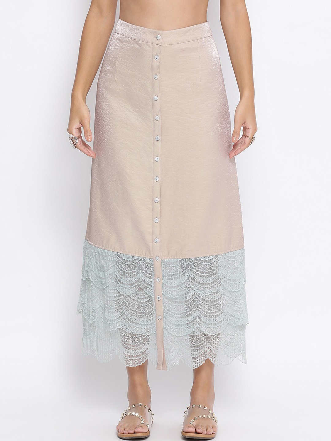 

LELA Beige Solid Scallop Lace Hem Straight Skirt