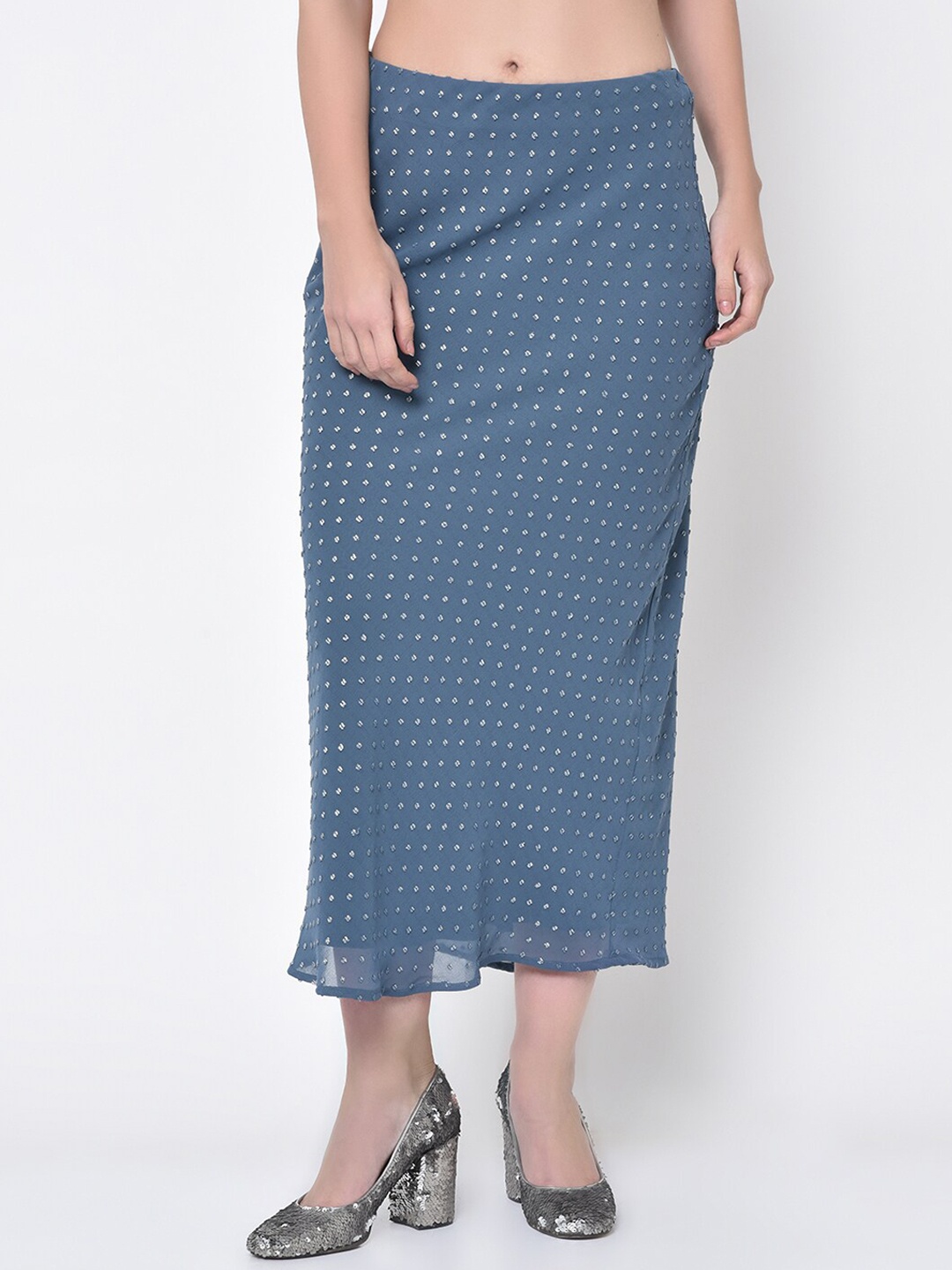 

LELA Women Blue Self Design Midi Straight Skirt