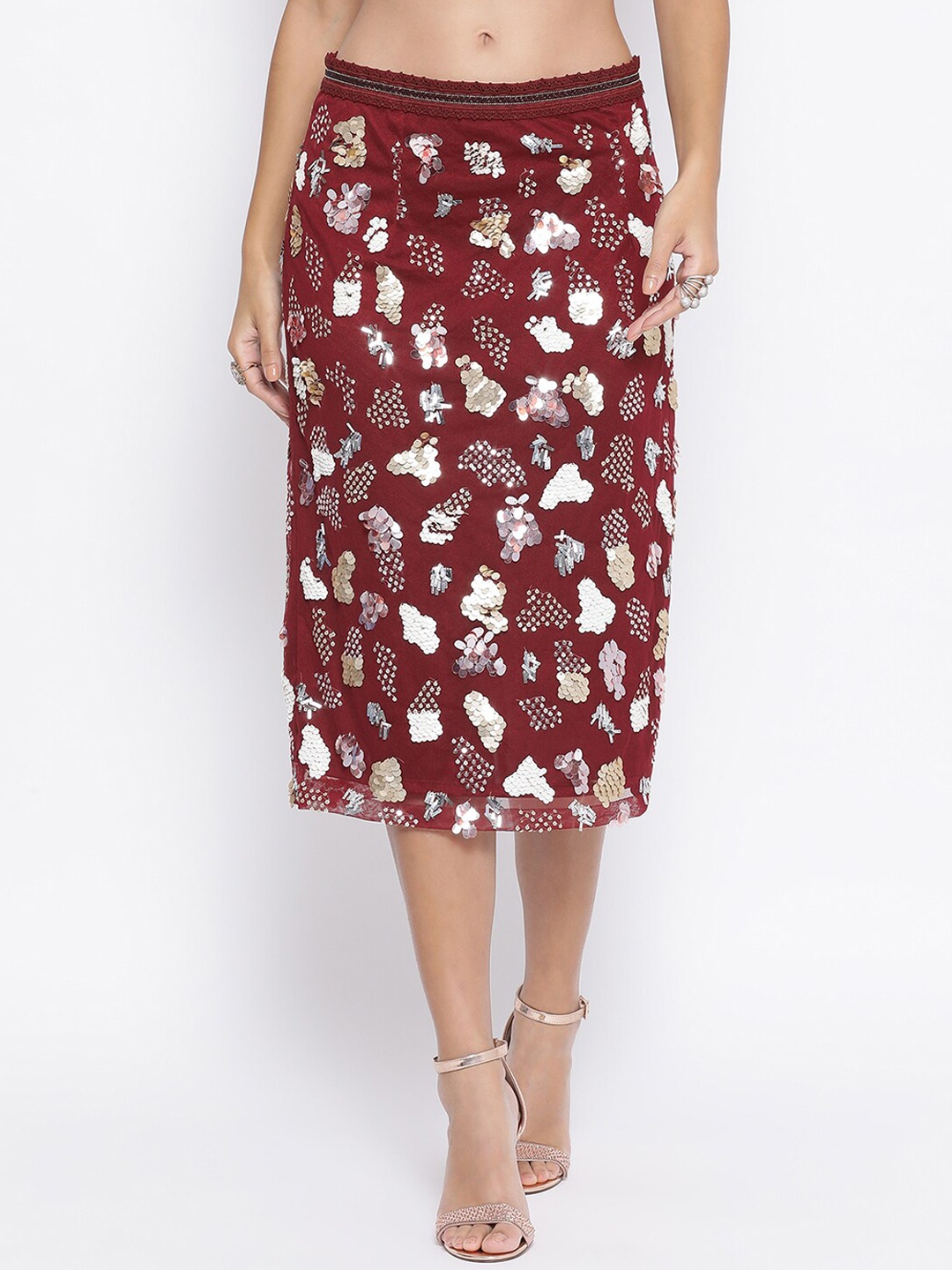 

LELA Women Maroon Embellished Net Skirt