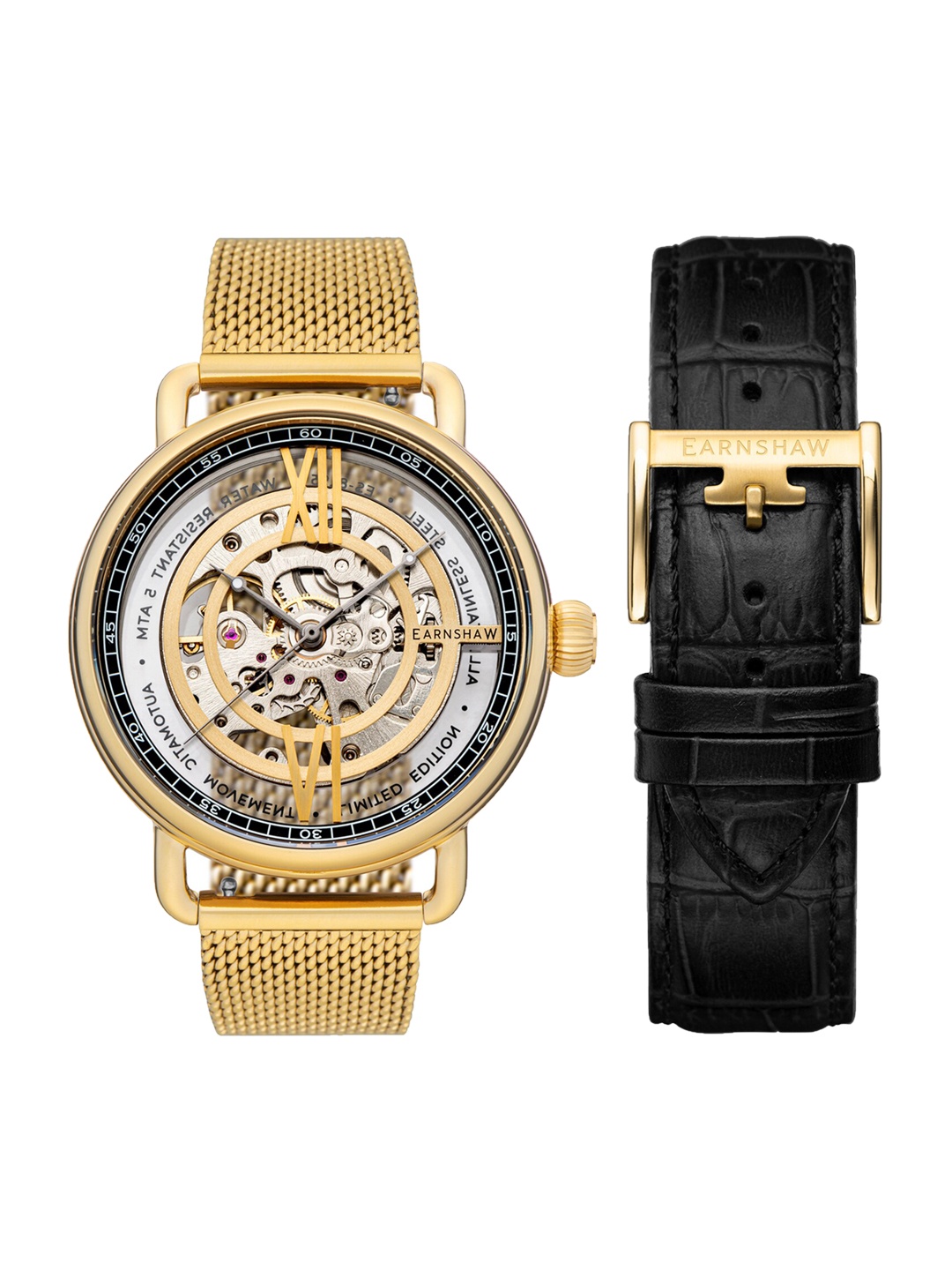 

EARNSHAW Men Black Skeleton Dial Analogue Automatic Watch with Additional Strap ES-8195-33