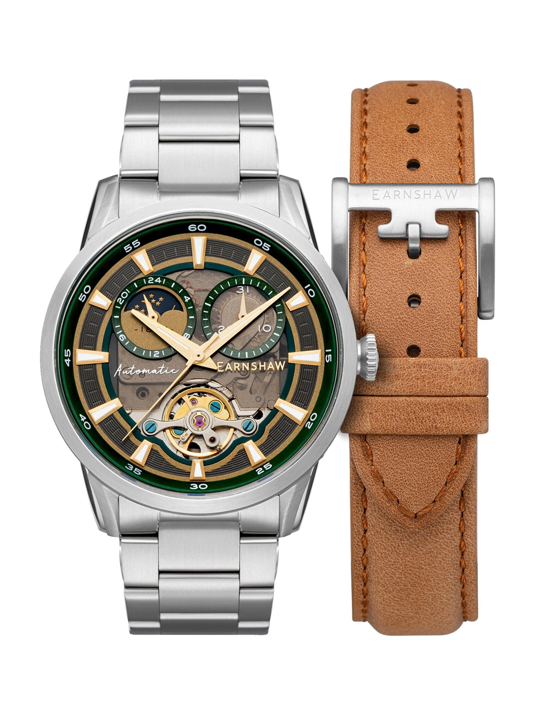

EARNSHAW Men Green Skeleton Dial & Silver Stainless Steel Multi Function Watch ES-8197-33