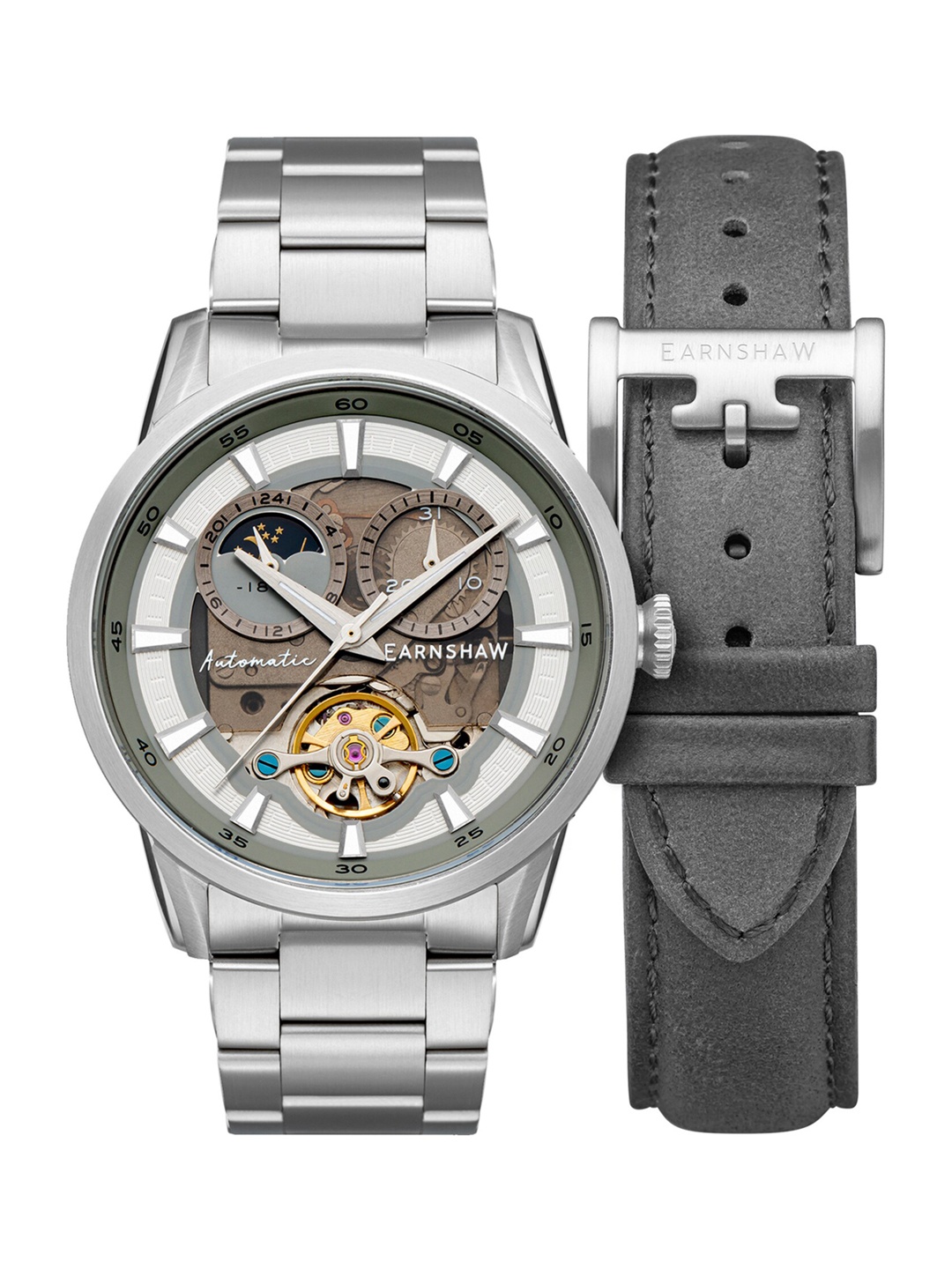 

EARNSHAW Men Grey Skeleton Dial & Silver Toned Stainless Steel Bracelet Style Straps Analogue Multi Function Watch