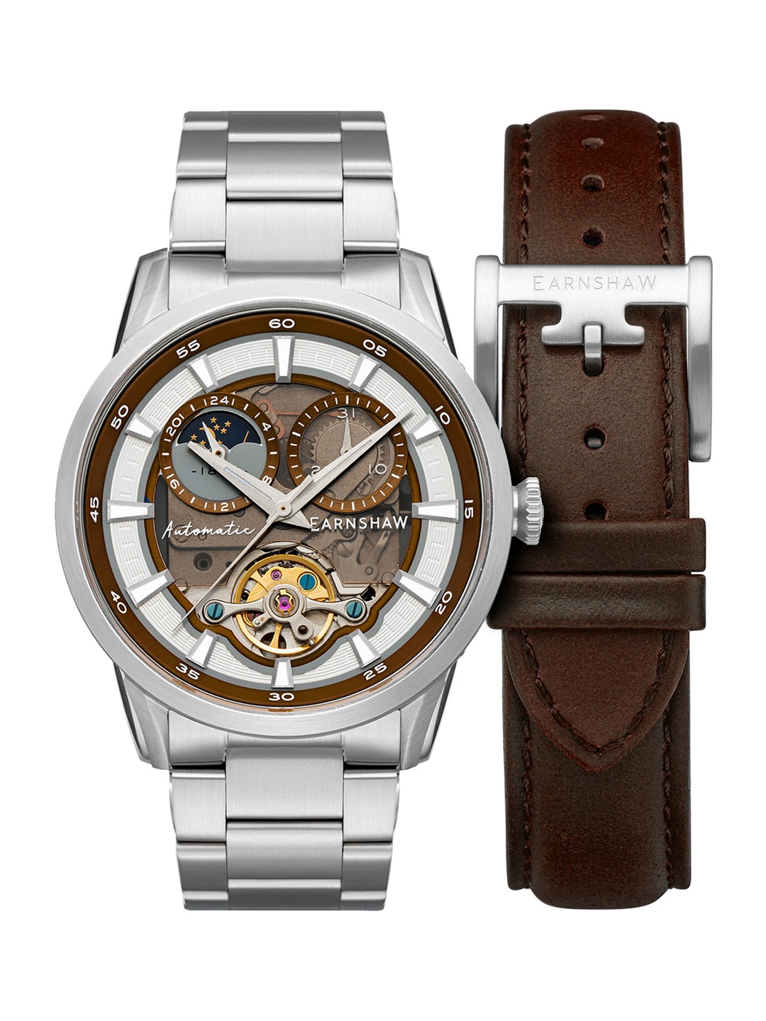 

EARNSHAW Men Brown Skeleton Dial & Silver Toned Stainless Steel Analogue Watch ES-8197-44