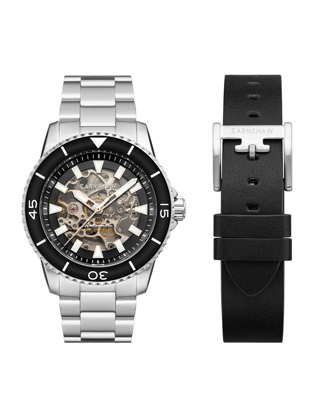 

EARNSHAW Men Black Skeleton Dial & Silver Toned Stainless Steel Bracelet Style Straps Analogue Automatic Watch