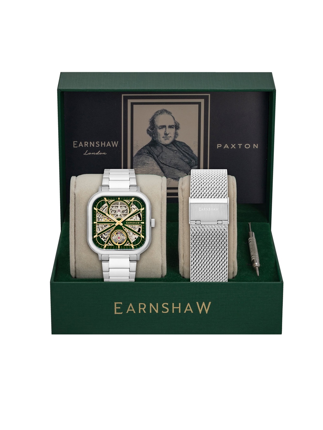 

EARNSHAW Men Green Skeleton Dial Analogue Automatic Motion Watch ES-8211-33