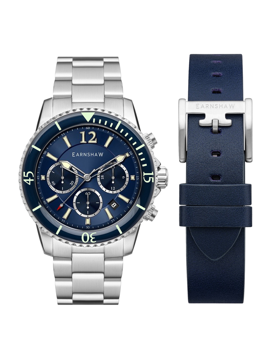 

EARNSHAW Men Blue Brass Dial & Silver Toned Stainless Steel Bracelet Style Straps Analogue Chronograph Watch ES-8132-22-Blue