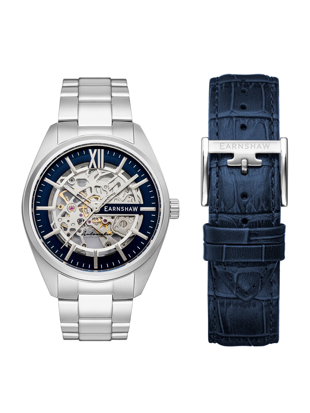 

EARNSHAW Men Blue Skeleton Dial & Silver Stainless Steel Analogue Watch ES-8208-22-Blue