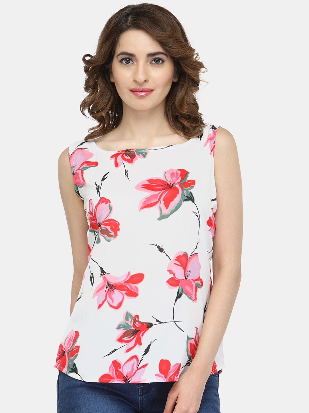 

Sayesha White & Pink Floral Print Crepe Top